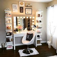 Hello Monday! @krisangie_lq's early Mother's Day gift is a vanity dream come true! Featured: #ImpressionsVanityGlowXLPro in White with Clear Incandescent Bulbs Ikea Table and Lack Shelves