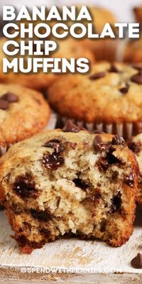 This banana chocolate chip muffin recipe is an easy sweet treat. Made with the perfect combination of bananas and chocolate chips they are my family's favorite! #spendwithpennies #bananachocolatechipmuffins #dessert #muffinrecipe #easybananachocchipsmuffins #easymuffinrecipes