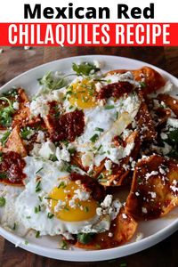 How to make traditional Chilaquiles Rojos. The popular Mexican breakfast recipe features fried tortillas, red chile sauce, & fried eggs.