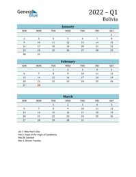 Free quarterly calendar for Bolivia with holidays. Holiday calendars in PDF, Word, and Excel are printable and easy to customize.