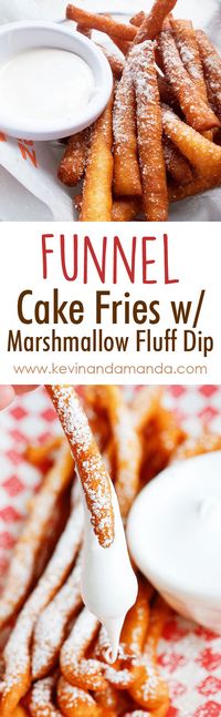 Oh my goodness... these are Funnel Cake FRIES with Marshmallow Fluff Dip!! Such a great idea and Easy to make!!!! #snacks #funnelcake #party