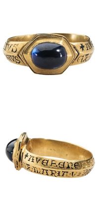 Devotional Ring Date: 13th century Culture: British (?) Medium: Gold and sapphire Dimensions: Height 26.6 mm.; hoop inner diam. 20 mm.; hoop outer diam. 23.5 mm; bezel 10 x 13.4 mm.; weight 8.71 g.