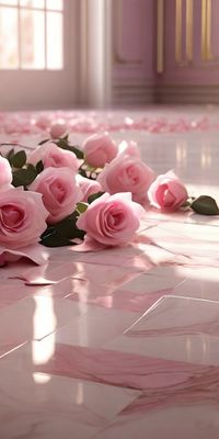 This image presents a tranquil scene where soft pink roses lie gracefully upon a glossy marble floor. The gentle sunlight streaming through the window enhances the roses’ delicate beauty, casting subtle shadows that dance across the surface. The composition’s soft color palette and the roses’ natural elegance evoke feelings of peace and romance, symbolizing love and purity. It’s a perfect representation of aesthetic appeal and could be used to symbolize significant celebrations or heartfelt moments.