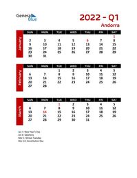 Free quarterly calendar for Andorra with holidays. Holiday calendars in PDF, Word, and Excel are printable and easy to customize.