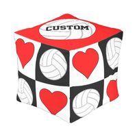 Volleyballs & Hearts Black & White Checkered Ottoman Pouf! Type in your own custom text! #volleyball #ottoman #pouf #volleyballdecor #volleyballbedroom #love