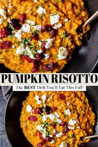 Pumpkin Risotto with Goat Cheese & Dried Cranberries is a perfect fall comfort food - Rich, creamy & perfect for an elegant weeknight meal or a vegetarian Thanksgiving. // recipes easy // healthy // vegetarian