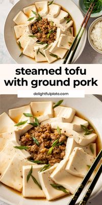 Steamed Tofu with Ground Pork features smooth silken tofu and juicy ground pork. It is light while packed with savory flavors and satisfying textures. Serve with rice for a quick, easy and healthy dinner. #tofurecipes #asianrecipes