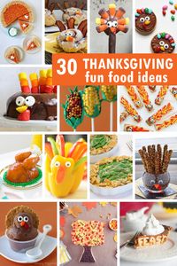 A roundup of 30 Thanksgiving fun food ideas, both sweet and savory. Turkey cookies, pie treats, and more for a kid-friendly Thanksgiving.