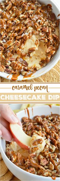 If you need a last minute dessert recipe that is sure to be a hit this Salted Caramel Pecan Cheesecake Dip is it! Caramel marshmallow fluff cream cheese filling is topped with pecans, caramel and flaked salt. This dessert dip is so tasty and only takes 5 minutes to make! Great for potlucks, game day or holiday dessert! #nobakedessert #dessertdiprecipes #dessertrecipes #easydessert #cheesecakedip