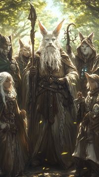 Sunbeams filter through dense foliage to reveal a circle of robed figures with long, attentive ears and softly furred faces. Their garments drape in earthy tones, embroidered with swirls of forest motifs and delicate leaf patterns. Standing foremost is a venerable leader grasping a carved staff, white whiskers trailing past wise, bright eyes. Surrounding him are others of similar features, each clad in layered textiles adorned with subtle ornamental clasps. Gentle glints of luminous crystals accent their belts and pouches, signifying a connection to hidden sylvan energies. They share an unspoken bond with the forest, their calm unity reflected in patient expressions. Representing a village of rabbits/gathering of rabbits in a mystical setting, they uphold a fantasy creatures humanoid drawi