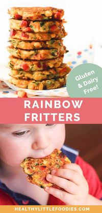 These rainbow fritters are a great first finger food for toddlers and baby led weaning. Made with chickpea flour for extra protein and naturally gluten free, these healthy fritters are so versatile. Enjoy them for a savoury breakfast, pack them for school lunch, or include them as part of a quick and easy lunch or kid friendly dinner. #babyledweaning #fingerfoods #glutenfree #kidfriendly #fritters