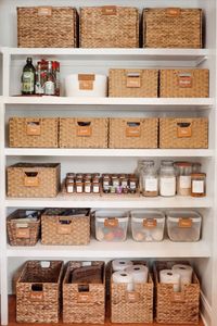 Next stop on my spring organization train – the pantry! I measured all of my shelves and started searching for the perfect baskets to fill up the space. I already had the ivory woven-fabric baskets so I knew I wanted to incorporate those I found the rest on Amazon and the Container Store, and of course I ordered my trusty labels from the Container Store & Etsy! Then ta-da… months later this is what it looks like!