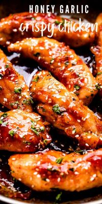 Seared chicken tenders smothered in the most amazing sticky sauce prepared with honey, hot sauce, garlic, and soy sauce. This family favorite is very easy to make, it is absolutely DELICIOUS, and can be on the table in just 15 minutes using pantry