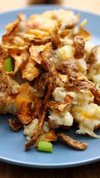 Stop throwing out this ingredient! Start using it as a crispy topping on your casseroles. Can you guess what it is? It’s the potato peels! You can fry up the potato peels (I use my air fryer) and they taste so good on top of this twice baked potato skin casserole.