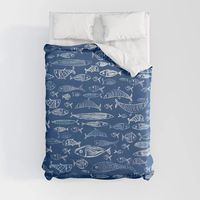 Fishes pattern, classic, sea, ocean, underwater, water, pattern, fishes, fish, whales, nautical, blue-white, painting, digital, stripes, summer, beach, sharks, navy Duvet Cover