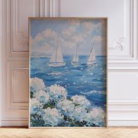 NWT Ocean with Sailboat and white Hydrangeas Art Pint Poster