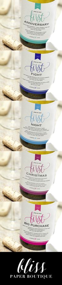 Wine Bottle Labels for Engagement Party, Bridal Shower, Bachelorette Party or Wedding Gift - Set of 5 Year of Firsts Milestone Designs by Bliss Paper Boutique $11.99