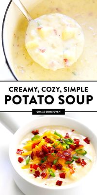 The BEST Potato Soup recipe! It's quick and easy to make, nice and creamy (with zero heavy cream), with lots of bacon (if you'd like). Total comfort food! | Gimme Some Oven #soup #potato #dinner #mealprep #recipe