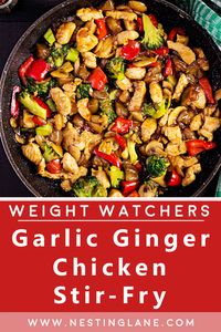 Weight Watchers Garlic Ginger Chicken Stir-Fry Recipe. This quick and easy, Chinese dinner is ready in just 35 minutes. You will need boneless skinless chicken breast, teriyaki sauce, canola oil, broccoli, red bell pepper, carrot, water chestnuts, scallions, chicken broth, ginger root, garlic, sambal oelek, and brown rice. The flavorful Asian meal will be a hit with the whole family. MyWW Points: 8 Green Plan, 8 WW Smart Points. Personal Points will vary per individual plan.