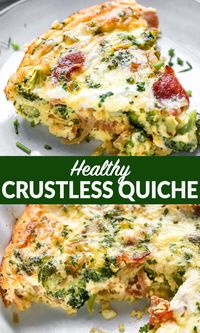 This easy, healthy crustless quiche has rich quiche flavor without the fuss of crust! Customize it with any vegetables or meat you like: broccoli, bacon, spinach, ham and cheese, or Lorraine. One of the best easy breakfast recipes! #quiche #lowcarb #keto