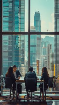 Corporate Meeting View: Three professionals engaged in a serious business meeting in a high-rise building with cityscape views. #business #cityscape #meeting #professionals #high-rise #aiart #aiphoto #stockcake ⬇️ Download and 📝 Prompt 👉 https://ayr.app/l/Jw7V