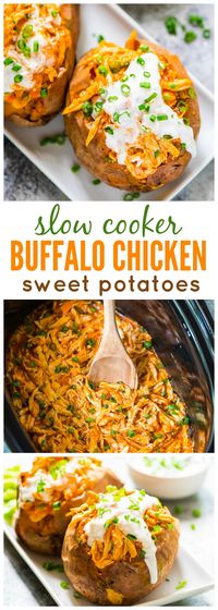 Healthy Slow Cooker Buffalo Chicken Stuffed Sweet Potatoes. Our whole family loves this easy crock pot recipe! Perfect football food for game day and tailgates too. {whole 30, paleo} Recipe at wellplated.com | @wellplated