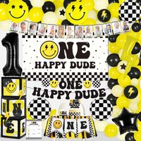 PRICES MAY VARY. One Happy Dude Birthday Decorations: Adorable lightning bolt smiley face party banners feature One Happy Dude themed motifs such as lightning bolts, smiley faces, black and white chevron logos, and stars in bright yellow, black, and white colors that are adorable and classic; they'll be even more eye-catching for decorating your cool kid's first birthday party, and it's sure to be the most adorable decoration for your little one's birthday day All in One 1st Birthday Party: You