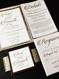 This listing is for a sample of a layered wedding invitation with a glitter cardstock backing enclosed with a glitter belly band and a foil tag embellishment. Please note the sample can not be customi