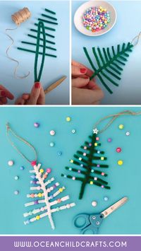 These pipe cleaner Christmas trees can be a lovely DIY Christmas gift for a loved one, and they can also be transformed into Christmas ornaments with the addition of twine or string on top.  We experimented with various color combinations of pipe cleaners: dark green, light green, silver-sparkling, and white. Visit our blog for step by step craft instructions on these Christmas tree ornaments!