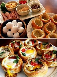 Brunch... No recipe but I need to make thes...guessing hollow out bread, 1 egg per bun, add cooked bacon, veggies, and cheese