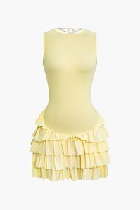 Lace Up Back Sleeveless Ruffle Hem Mini Dress