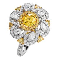 Natural GIA Fancy Vivid Yellow Diamond 18k Gold Flower Cocktail Ring For Sale at 1stDibs