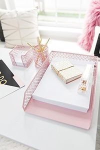 Blu Monaco Office Supplies Pink Desk Accessories for Women-5 Piece Desk Organizer Set-Mail Sorter, Sticky Note Holder, Pen Cup, Magazine Holder, Letter Tray-Pink Room Decor for Women and Teen Girls | www.homedecortips-online.com