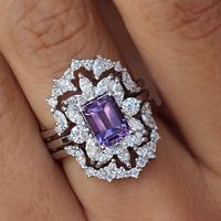 "Emerald cut Amethyst engagement ring with diamond ring guard - \"Charlotte\". Classic and Elegant. This list is for two ring set. D E T A I L S :  ♥ Center stone shape: Emerald cut. ♥ Center stone type: Natural Amethyst, 8x6mm. ♥ Accent stones: Natural diamonds, conflict-free, 1.65 carat, F color, VS clarity. ♥ Gold: 14K or 18K solid gold. Yellow, White, or Rose gold. ♥ Sizes: 4-11. Please, select your wanted ring size, gold color, and purity in the drop-down menu. ♥️♥️♥️ Service ♥️ Free IGL Je