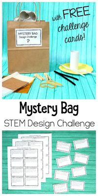 Mystery Bag STEM Design Challenge: Print out FREE STEM building challenge cards and invite kids to create solutions to various challenges using surprise materials in their mystery bags! Fun science and engineering activity for kindergarten, first grade, second grade, third grade and fourth grade! ~ BuggyandBuddy.com via @https://www.pinterest.com/cmarashian/boards/