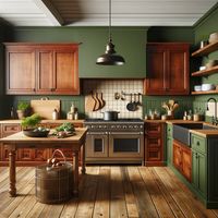 cherry kitchen cabinets with moss green walls