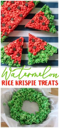 Make fun watermelon rice krispie treats for the kids! Summer treats/desserts idea for a picnic or bbq. Use chocolate chips for the seeds! Rice krispie treats idea.