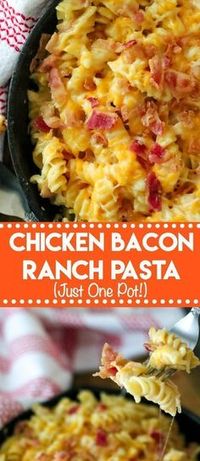 Chicken Bacon Ranch Pasta is a one pot wonder full of all your favorite things like bacon, cheese, ranch and pasta!! A real crowd pleaser! #easydinner #onepot #chickendinner #chickenrecipes #ranch #bacon #dinner