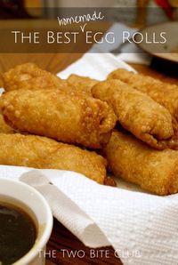 These are the BEST Homemade Egg Rolls made with seasoned ground pork and fresh vegetables tightly rolled up in egg roll wrappers, then fried to crispy delicious perfection.