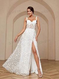 SHEIN Belle ElegantAtmospheric Three-Dimensional Flower Fine Flash Bead Fabric Waist Spaghetti Strap 3d Floral Sequined Waistline Back Tie High Slit Sweep Train A Swing Large Skirt Stitching Heavy Work Dinner Light Wedding Dresses | SHEIN USA