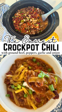 This easy crockpot chili is loaded with flavor, protein and peppers. It's a simple set it an d forget it dinner that warms everyone up, and is perfect with shredded cheese and green onions! 