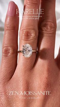 11x8mm (3.5cte) brilliant oval solitaire moissanite engagement ring featuring a hidden halo, 4 pavé claw prongs, and plain band in 18k yellow gold..✨ Zen Moissanite jewelry pieces are custom made, ethical and durable Diamond alternatives.✨