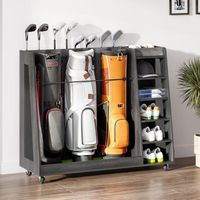 Organize your golf gear with ease using our large-capacity golf organizer. It holds 2 - 3 bags, balls, shoes, and accessories, while securely storing up to 5 clubs (white) or 8 clubs (black). Crafted from premium wood and metal, this rack is perfect for garages, homes, clubs, or basements. With 360° swivel wheels, it's easy to move around, and the included turf mat and elastic strap protect your bags. Ideal for golfers, it measures 35.4" L x 17.7" W x 40.15" H (White) or 47.24" L x 17.7" W x 40.