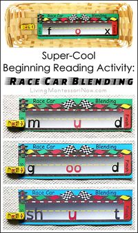 This super-cool beginning reading activity uses a fun racing printable and miniature race car to reinforce phonetic blending ("sounding out"). Post contains Montessori Monday linky collection.