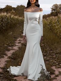 Hall Simple Wedding Dresses Mermaid / Trumpet Off Shoulder Long Sleeve Court Train Stretch Fabric Bridal Gowns With Solid Color 2024 2024 - $155.99