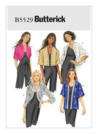 This is a Butterick sewing pattern offering instructions for women's jackets. The pattern is uncut, factory folded, and in great condition. DETAILS: Loose-fitting jackets A, B, C, D, E with no closures. A, B: Above waist, dolman sleeves, pleated drape. B: Sleeve bands. C, D: Kimono sleeves, stitched hems. D: Below hip, purchased ribbon trim. E: Self-lined, above waist, optional edgestitching. SIZING: XS S M Bust: 29.5 to 36 Waist: 22 to 28 Hips: 31.5 to 38 SIZING: L-XXL Bust: 38-48 Waist: 30-41.