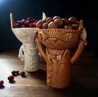 Ceramic cat and deer/fox bowls