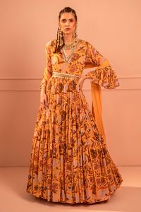 Buy Neha Khullar Yellow Chiffon Printed Anarkali With Dupatta Online | Aza Fashions