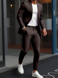 Men's Solid Color Stand Collar Long Sleeve Jacket And Trousers Casual Suit Set, Autumn Coffee Brown Casual    Plain  Medium Stretch  Men Clothing, size features are:Bust: ,Length: ,Sleeve Length: