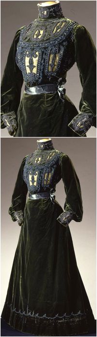 Two-piece dress in green velvet, by Grands Magasins Nouveautés C. Paventa, Rome, c. 1900, at the Pitti Palace Costume Gallery. Via Europeana Fashion.